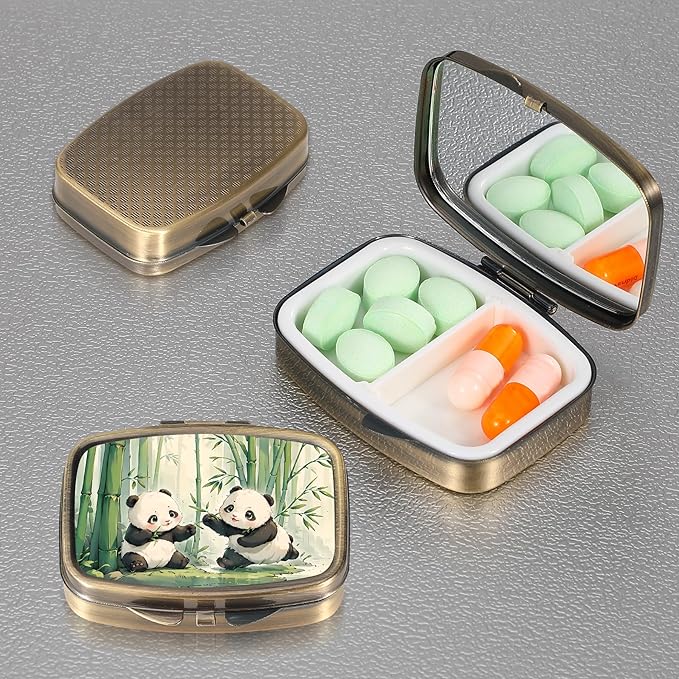 Dynippy Pill Case Pill Box with Mirror Retro Pocket 2 Compartment Medicine Case Vitamin Pill Organizer for Pocket Purse and Travel (Retro-Panda)