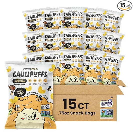CauliPuffs - Corn, Rice, and Cauliflower Gluten Free Puffed Snack (15 X 0.75oz Bags, Honey BBQ)