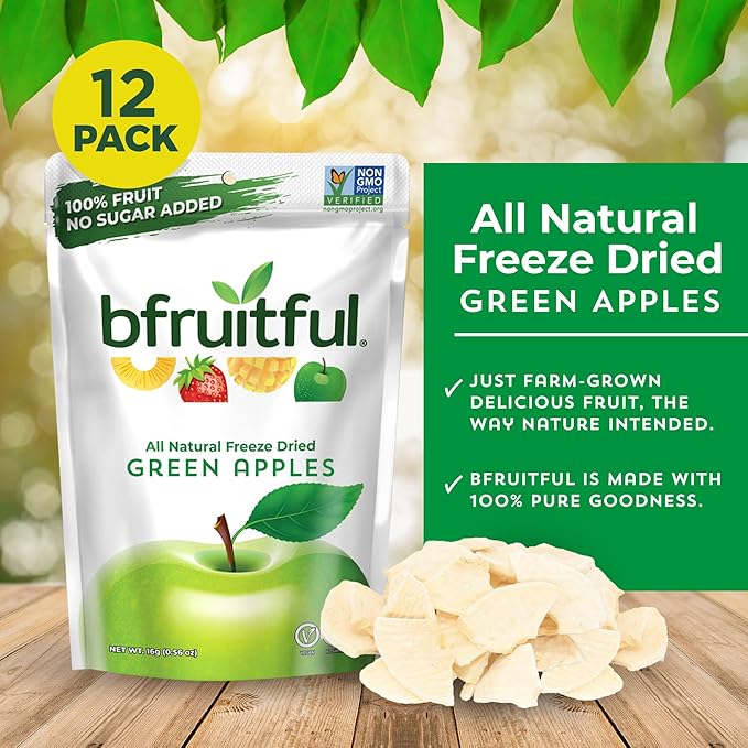 bfruitful Freeze-Dried Green Apple, Freeze Dried Fresh Fruit Bites, Gluten Free, Vegan, Dairy Free, Kosher, No Sugar Added, Non GMO, Healthy Snacks, 0.56 oz Single-Serve Snack Packets, 12 Pack
