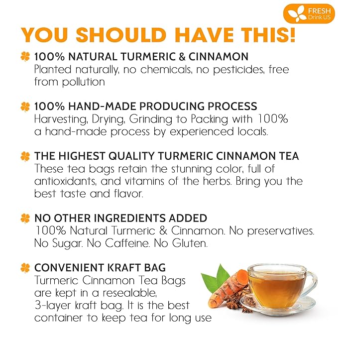 FreshDrinkUS, Premium 75 Turmeric Cinnamon Tea Bags, 100% Natural, Blend of Turmeric, and Cinnamon. Made with Natural Material Tea Bags. No Sugar. No Caffeine. Vegan.