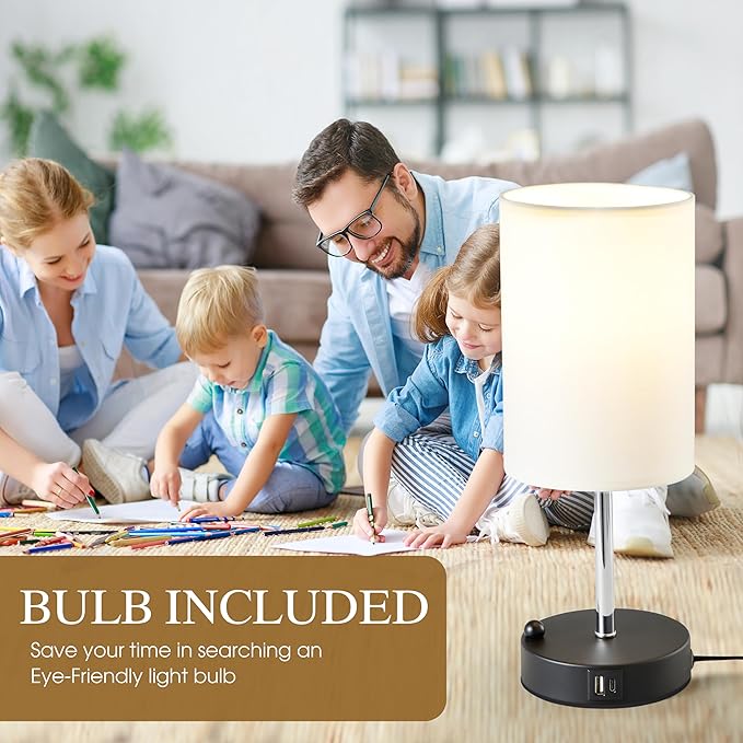 Briever Touch Control Table Lamp for Bedroom, 3-Way Dimmable Nightstand Lamp with USB USB A+C Charging Ports, Bedside Desk Lamp with Phone Stand & Linen Fabric Shade for Livingroom, Bulb Included