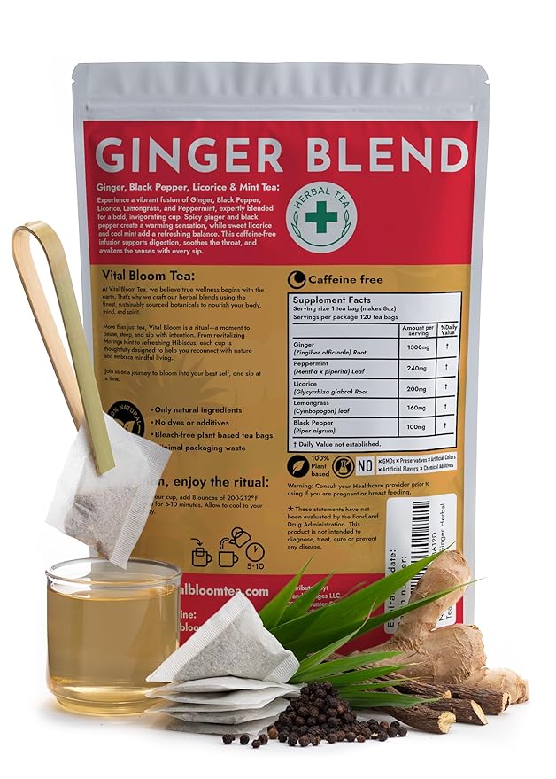 Vital Bloom 120 ct Ginger Tea Bags, Blend With Peppermint, Licorice, Lemongrass and Black Pepper, 100% Natural Ingredients, Bleach Free Tea Bags, Caffeine Free (Free Bamboo Tongs Included)