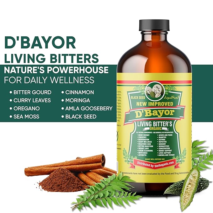 HERBOGANIC D'Bayor Living Bitter 16oz - Natural Blend of Black seed, Bitter Melon, Cinnamon and Seamoss to support Immune System