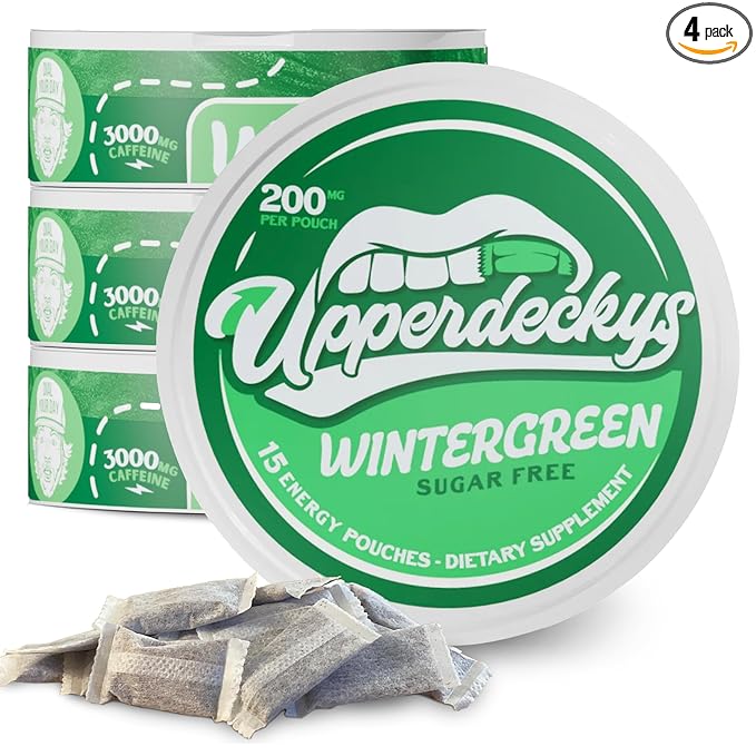 Upperdeckys, Cool Wintergreen Caffeine Energy Pouches - Free Replacement or Alternative for Focus and Energy - Sugar Free Nootropic Pouches, Made in the USA & Delicious Flavor (4-Pack, 200mg)