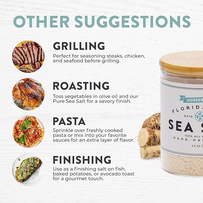 FLORIDA PURE Horseradish Sea Salt - 80+ Mineral Sea Salt, Natural, Unrefined, Non Iodized - for Baking, Cooking, Seasoning & Enhancing Taste - Rich Taste Flaky Sea Salt (4.5 oz Jar)