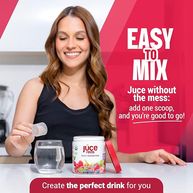 Terra Kai Organics JUCE Reds Organic Superfood Powder - Garden Berry Flavor | Fruit & Veggie Powder for Everyone w/64 Immune Boosting Superfood Plus Probiotics for Gut Health | 20 Servings (230g)