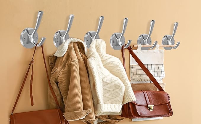 Brushed Nickel Wall Hooks, 6 Pack Coat Robe Hook Heavy Duty Metal Double Bath Hook Wall Mounted, Hand Towel Hooks for Cubicle Bathroom Kitchen Closet Garage