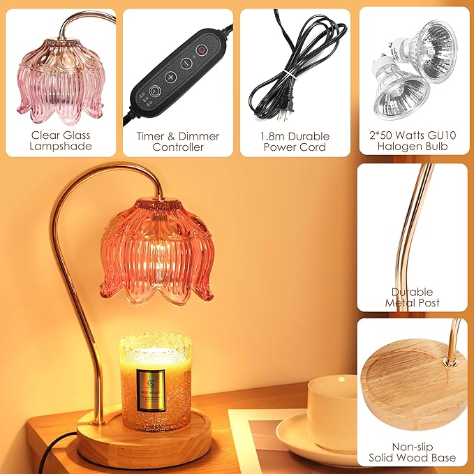 Flower Candle Warmer Lamp with Timer - Dimmable Electric Candle Warmer for All Jar Scented Candles - Mother's Day Gift Home Decor for Women