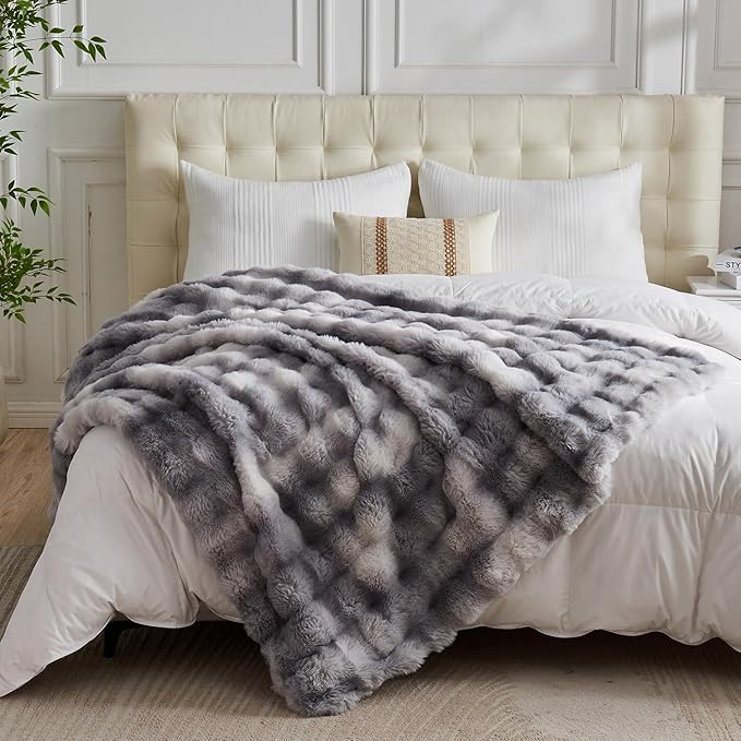 Lotus Karen Faux Fur Blanket - Tie-Dye Gray Twin Size, Big Bubble Rabbit Fluff, Thick Furry Plush Shaggy Blanket for Men, 60x80 Inches