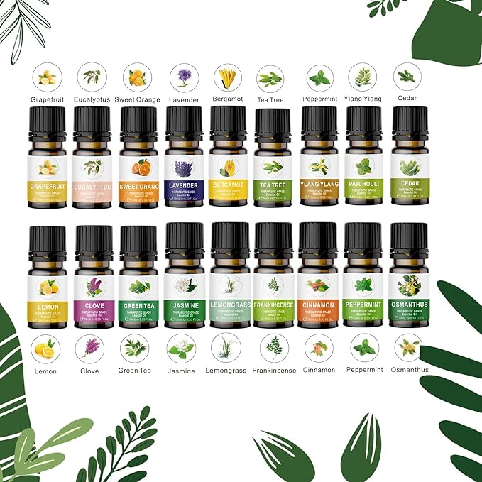 Essential Oils Set of 20x10ml, 100% Organic Essential Oil, Lavender, Ylang Ylang, Tea Tree, Eucalyptus Scented Oil, Essential Oils for Diffusers for Home, Candle Making, Humidifiers (20)