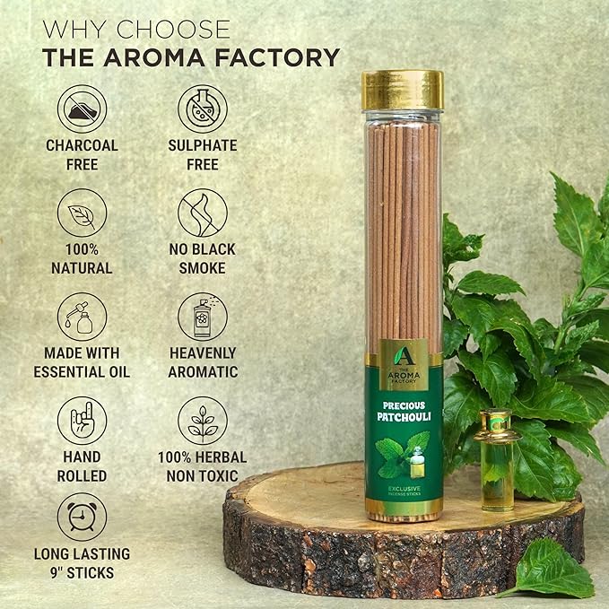 The Aroma Factory Agarbatti, Luxury Precious Patchouli Incense Sticks, Low Smoke & Zero Charcoal, Premium, Fresh, & Fruity Fragrance for Home, Meditation, 100g X 1Bottle Pack