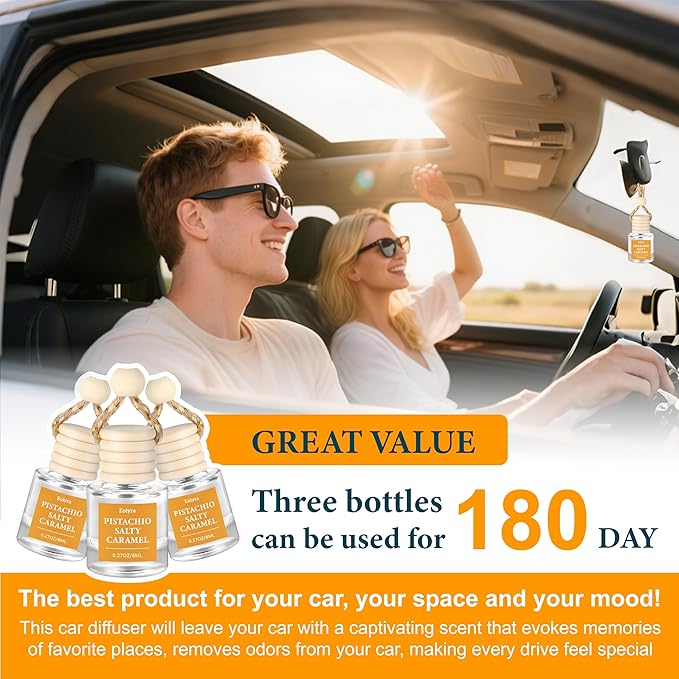 Hanging Car Air Freshener (Pack of 3) : Luxury Car Perfume for Women Men | Cute & Reusable Bottle with 45+ Days Long-Lasting Fragrance Oil Diffuser, Pistachio Salty Caramel