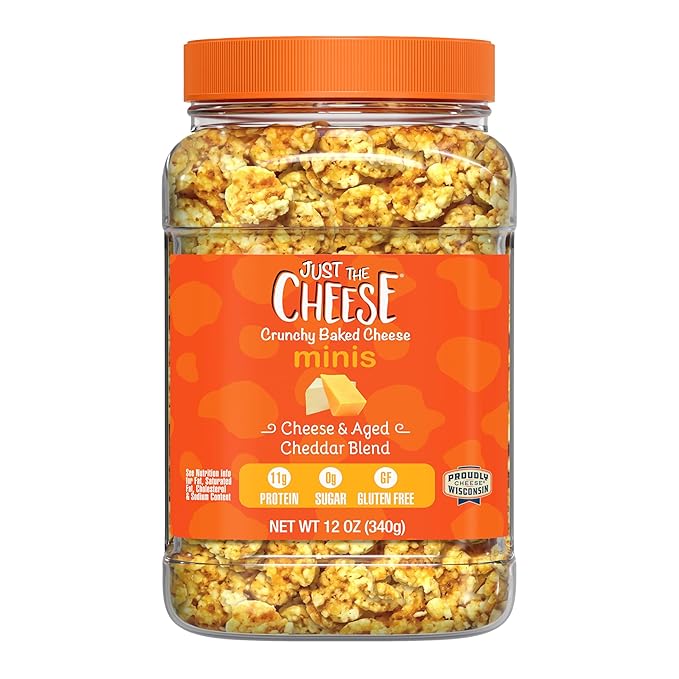 Just the Cheese Minis – Cheese & Aged Cheddar Blend Crisps, 12 oz Jar, Delicious Low-Carb Lifestyle Protein Chips, High-Protein, Gluten-Free Crisps, Keto-Friendly, Zero Sugar, Perfect Snack for Adults