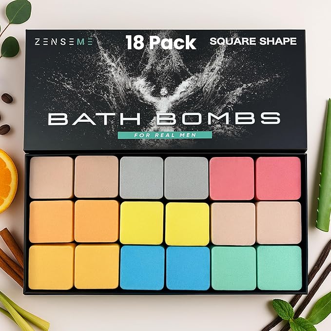 Bath Bombs for Men - Gift Set of 18 Square Shaped Handmade Natural Bath Bombs of 2.5 oz w/Essential Oils, Unique Manly Scents, for Boyfriend, Husband, Father - 18 Pack Square