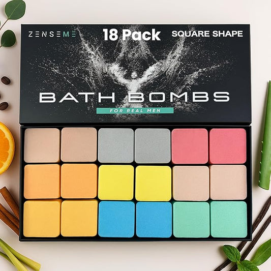Bath Bombs for Men - Gift Set of 18 Square Shaped Handmade Natural Bath Bombs of 2.5 oz w/Essential Oils, Unique Manly Scents, for Boyfriend, Husband, Father - 18 Pack Square
