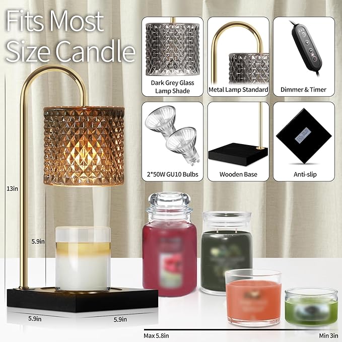 Candle Warmer Lamp with Timer Dimmer, Birthday Gifts for Women Mom, House Warming Gifts, Elegant New Home Decor, Wax Warmer for Jar Candles, Heater Lamp for Scented Wax, Black Glass