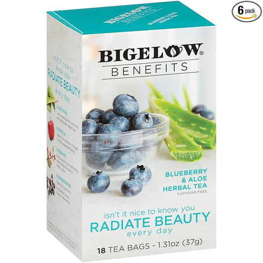 Bigelow Tea Benefits Radiate Beauty Blueberry and Aloe Herbal Teabags Box, Caffeine Free, 18 Count, Pack of 6