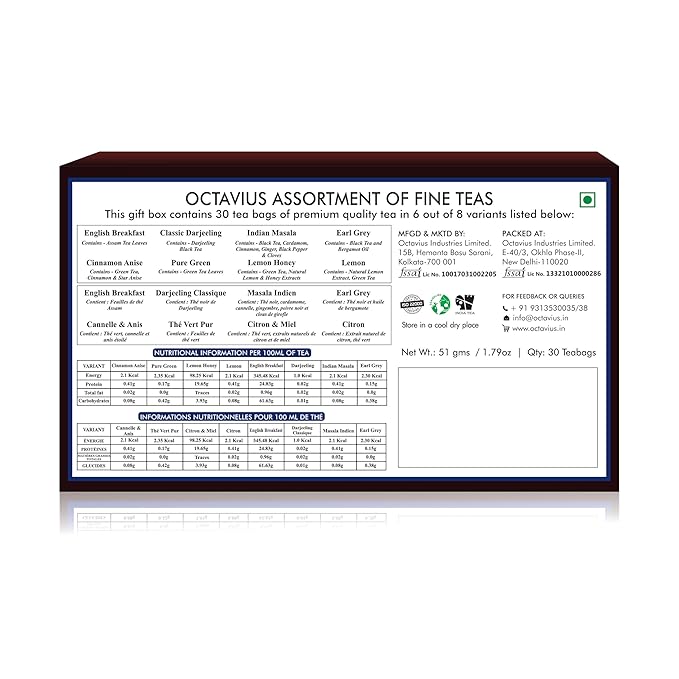 Octavius Assorted Tea Gift Set | 6 Assorted Black & Green Teas | 30 Teabags | Wooden Tea Sampler Pack w/Ornate Floral Design | Pack of 2