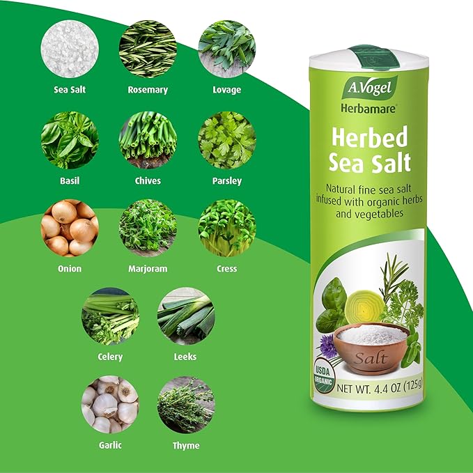 A. Vogel Herbamare Seasoned Sea Salt - USDA Organic - Seasoning Salt Infused with 12 Herbs - 33% Less Sodium - Non-GMO - Gluten Free - Kosher - 4.4 oz