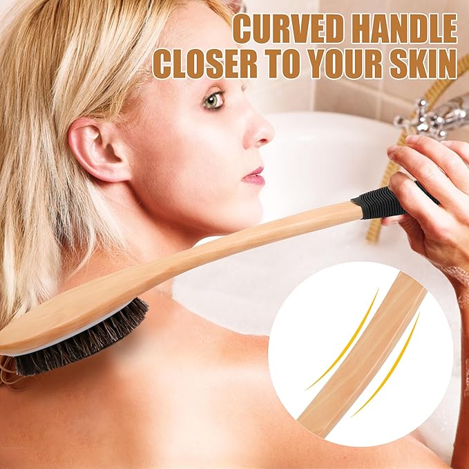 OWIIZI Horsehair Bath Brush Wooden Curved Long Handle Antiskid Shower Brush for Exfoliating, Natural Mane Scrubber for Back Use Wet or Dry,Back Scrub Deep Cleanse-17.2inches