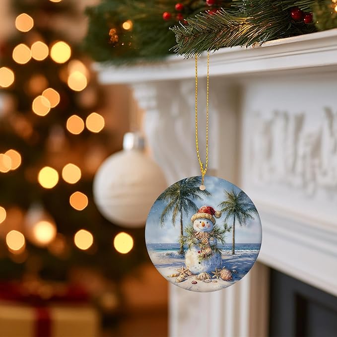 Coastal Summer Christmas Ceramic Ornament Gifts, Ocean Beachy Snowman Christmas Decorative Hanging Ornaments for Xmas Tree Holiday Party Decoration, Coastal Beach Xmas Tree Decorations