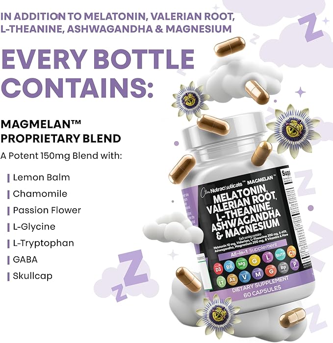 Clean Nutraceuticals Melatonin 10mg Valerian Root L Theanine 200mg Ashwagandha - Sleep Support for Women & Men with Magnesium Complex, Lemon Balm, Chamomile, & Passion Flower - 60 Caps