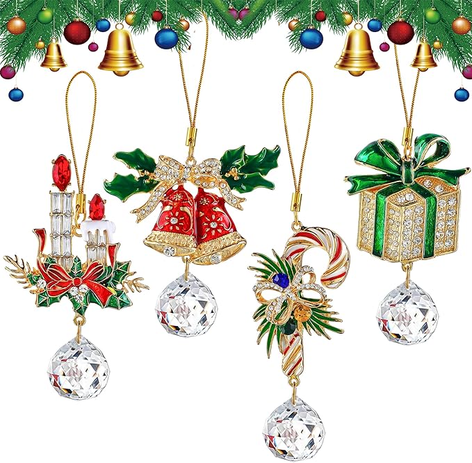 H&D HYALINE & DORA 4 Pcs Christmas Ornaments Set Cane Gift Box Bell Hanging Ornament Xmas Tree Ornament for Holiday Party Home Decor