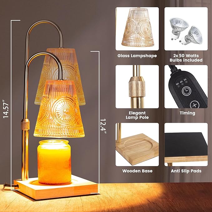 Candle Warmer Lamp with 2 Bulbs, Electric Candle Warmer with Timer -Adjustable Height and Dimmer LampCandle Warmer for Scented Jar Candles Wax Melt Warmer for Home Decor
