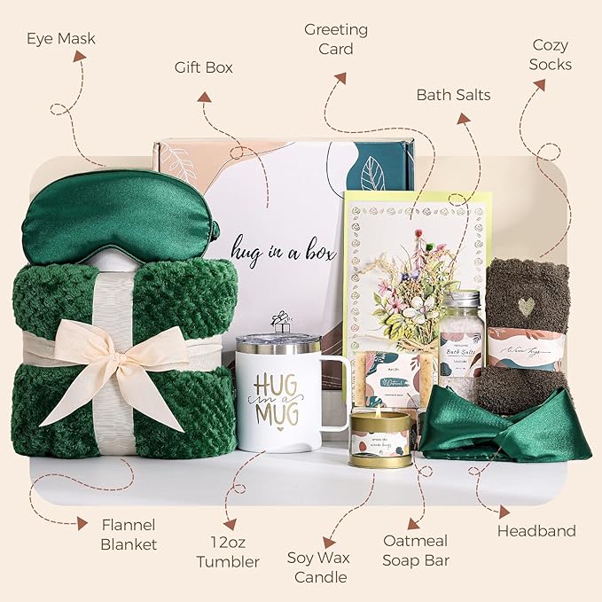 Self Care Gift Basket for Women Birthday Relaxing Spa Set Gifts with Luxury Flannel Blanket Sympathy Care Package Get Well Soon Thinking of You for Mom Wife Sister Best Friend Grandma
