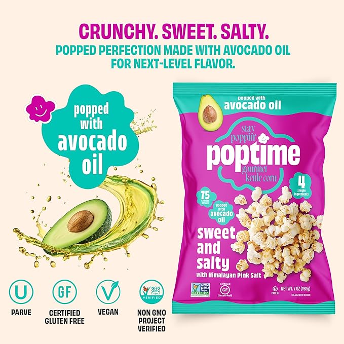 Poptime Kettle Cooked Popcorn Snack Bags – Sweet & Salty Kettle Corn Popcorn Bags, Healthy Snack With Avocado Oil & Himalayan Pink Salt, Gluten Free, Vegan, Low Calorie, Non-GMO - 7 oz - Pack 4