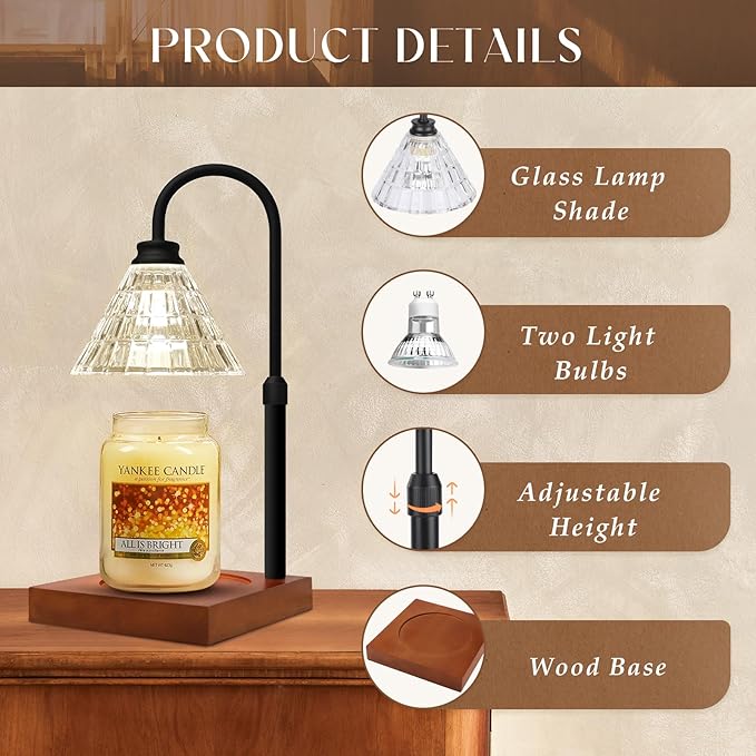 Candle Warmer Lamp with Dimmer, 2H/4H/8H Timer, Compatible with Yankee Candle Large Jar Candle, Home Decor Gift for her, Birthday Gift for mom, Home Scented Jar Candles Heater (Black Wood)