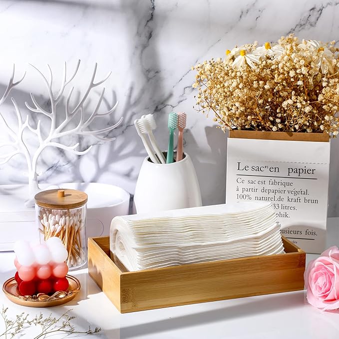 CHENGU 2 Pcs Bamboo Bathroom Trays Small Vanity Tray for Toilet Tank and Bathroom Counter Top, Wood Napkin Holder Tray Organizer for Soap Dispenser Perfume Home Kitchen Decor, 9.8 x 5.5 Inch