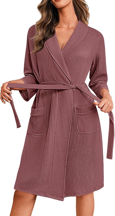 Ekouaer Robes for Women Waffle Knit Bathrobe Lightweight Kimono Robe Knee Length Loungewear with Pockets