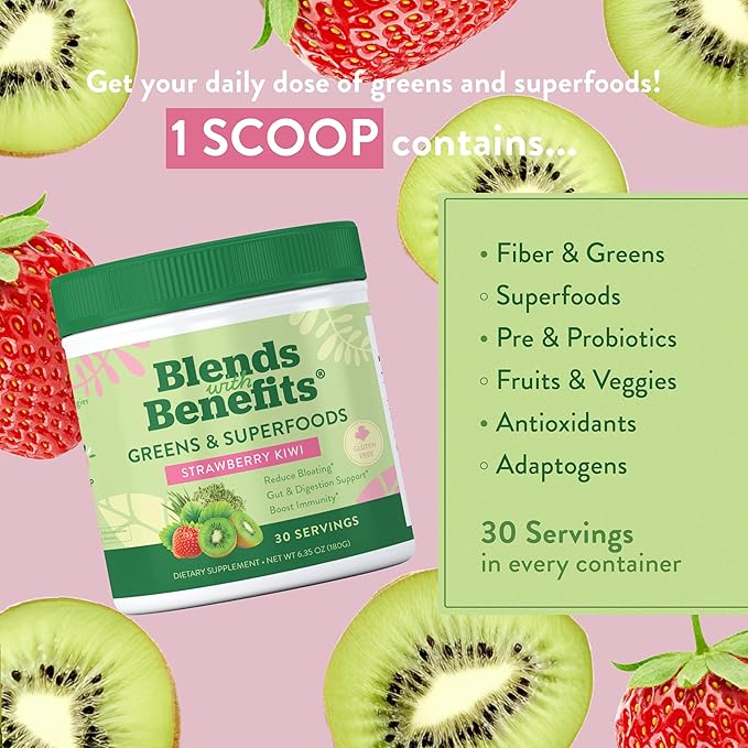 360 Nutrition Blends with Benefits Super Greens Powder w/Probiotics, Digestive Enzymes, Sugar & Gluten Free, Plant Based Superfood Drink Mix for Gut Health, Bloating, Immunity, Overall Health, 6.35 oz