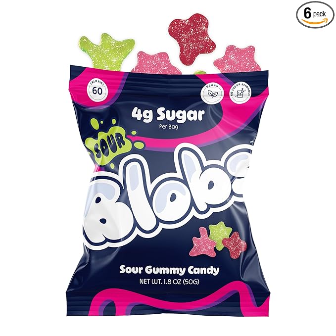 Blobs SOUR Gummy Candy Low Sugar & Low Calorie- No Sugar Alcohols, Vegan, No Dyes- Watermelon-Lychee, Black Ras Cherry, Strawberry Yuzu- (Pack of 6) Mixed Bag, All Three Flavors Per Bag