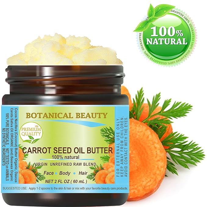 Botanical Beauty CARROT SEED OIL BUTTER Pure Natural Virgin Unrefined RAW 2 Fl. Oz.- 60 ml for FACE, SKIN, BODY, DAMAGED HAIR, NAILS. Rich in Beta Carotene, Vitamin E