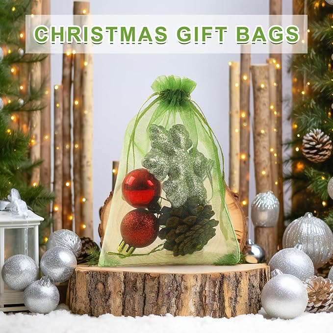 ANZNKU 50 Pack Green Organza Bags 5 x 7 Inch, Gift Bags Small Size Sheer Favor Bag with Drawstring, Small Mesh Bag For Wedding Party Christmas
