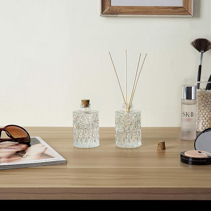 MyGift Small Clear Glass Reed Diffuser Bottles, Vintage Embossed Apothecary Style Flower Bud Vases with Cork Lids, Set of 2