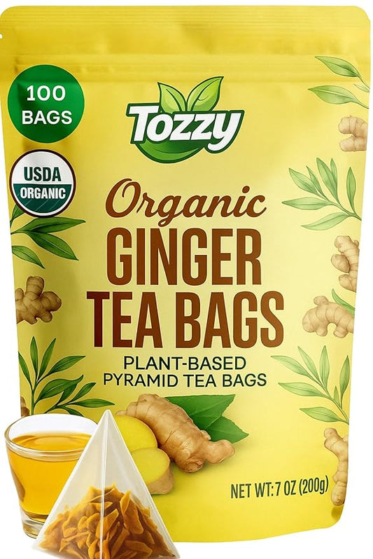 Tozzy Organic Ginger Tea – 100 Count, Plant-Based Pyramid Tea Bags