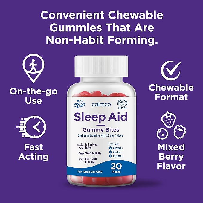 CalmCo Adult Sleep Aid Gummy Bites - Non-Habit Forming Sleep Support with 25mg Diphenhydramine, Easy-to-Chew Nighttime Sleep Aid Gummies, Promotes Better Sleep, and Fall Asleep Faster, 20 Count