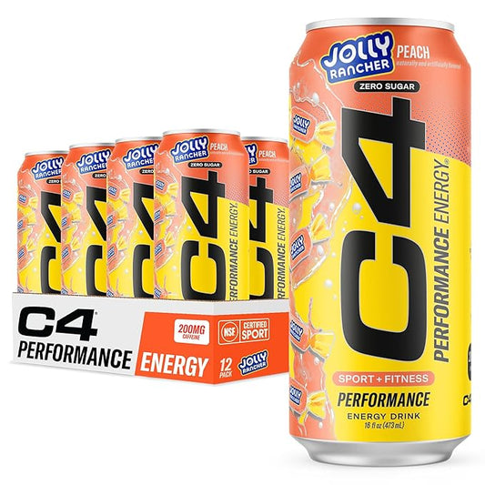 Cellucor C4 Performance Energy Drink | JOLLY RANCHER Peach | Zero Sugar Carbonated Preworkout Energy | 200mg Caffeine with Beta Alanine | 16 Fl Oz (12 Pack)