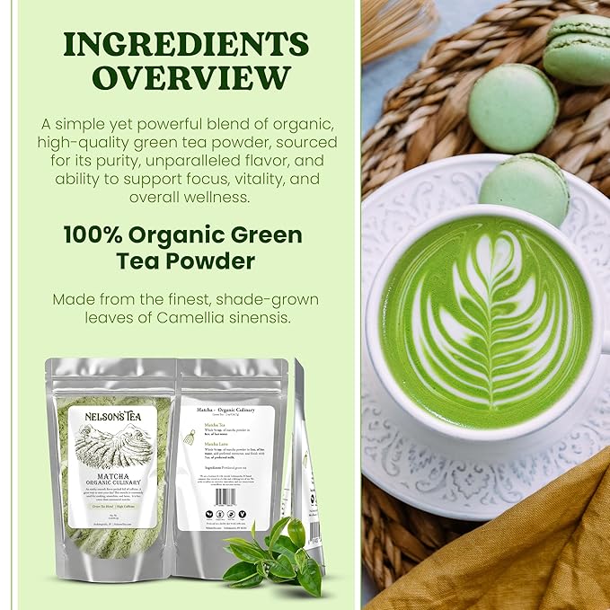 Nelson's Tea Organic Matcha Powder – Premium Culinary Grade Green Tea for Lattes, Smoothies & Cooking – Versatile, Antioxidant-Rich Powder Ideal for Healthy Recipes, Baking & Beverages – 2 oz