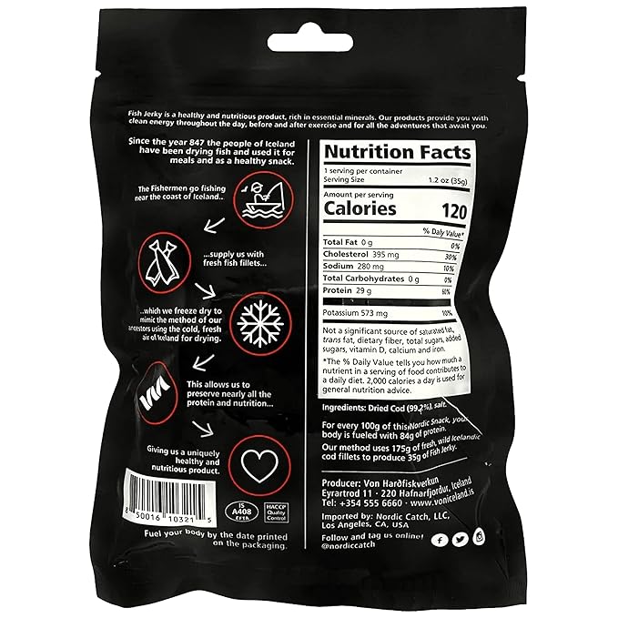 Nordic Catch Freeze Dried Cod Bites Seafood Snacks - Chips made from Wild Caught Icelandic Cod Fish - Healthy Snack, Rich in Omega 3 Fatty Acids, Protein Packed Fish Jerky for Humans, Keto Friendly Dry Fish - 35g Resealable Bag - 3 Pack