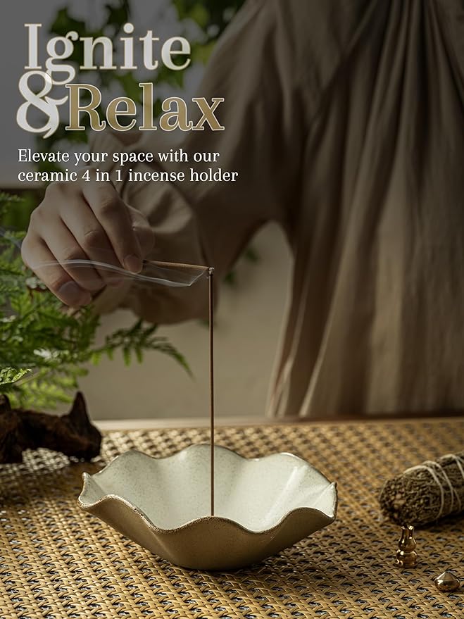4 in 1 Incense Holder Incense Burner with 3 Incense Sockets, 6 Inch Incense Holder for Sticks, Lotus Cone Incense Bowl, Incense Stick Holder for Meditation Yoga Home, White