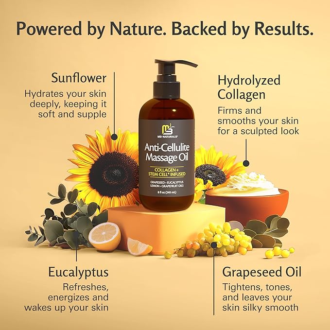 Firming Body Massage Oil with Collagen & Stem Cell – Helps Smooth The Appearance of Cellulite & Improve Skin Texture – Refreshing Aromatherapy Body Oil for Legs & Full Body – 8 Fl Oz by M3 Naturals