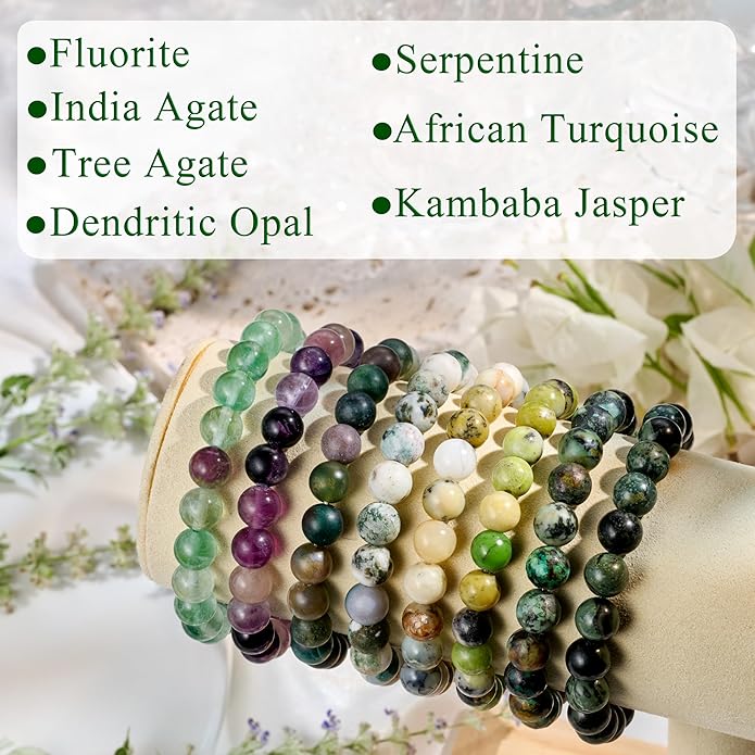 Bivei Natural Gemstone Semi Precious Healing Crystals Handmade Stretchy Round Beads Bracelet, Enhance Positive Energy