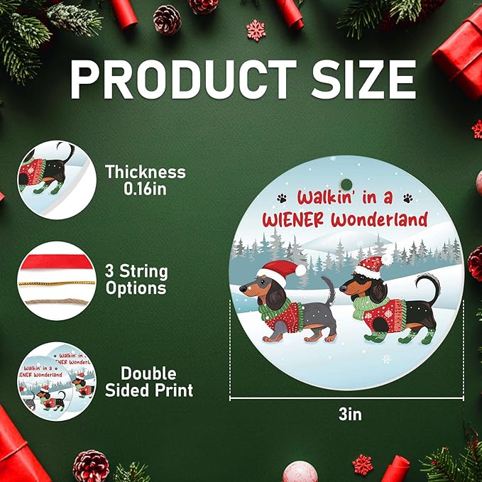 34HD Gifts for Christmas, Santa Dachshund Christmas Ornament Ceramic 2-Side Printed, Dachshund for Men Women, Christmas Hanging Decorations