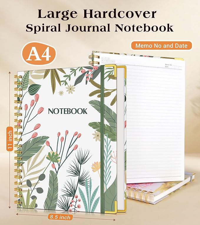 Lined Spiral Notebook Journal for Women, 200 Pages Aesthetic Notebooks 8.5” x 11”, A4 Large Hardcover Spiral Journals with 100 GSM Thick Paper, Cute College Ruled Notebook for Writing Work School, Colorful Botanicals