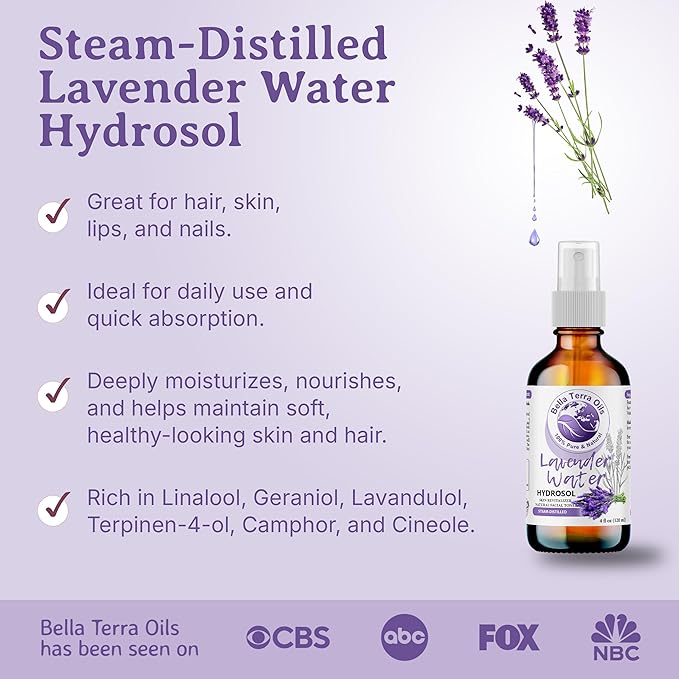 Bella Terra Oils - Hydrosol Water 16oz - Luxurious Lavender Organic Rose Water Blend, Packed with Essential Minerals & Amino Acids, Ultimate Skin Quencher