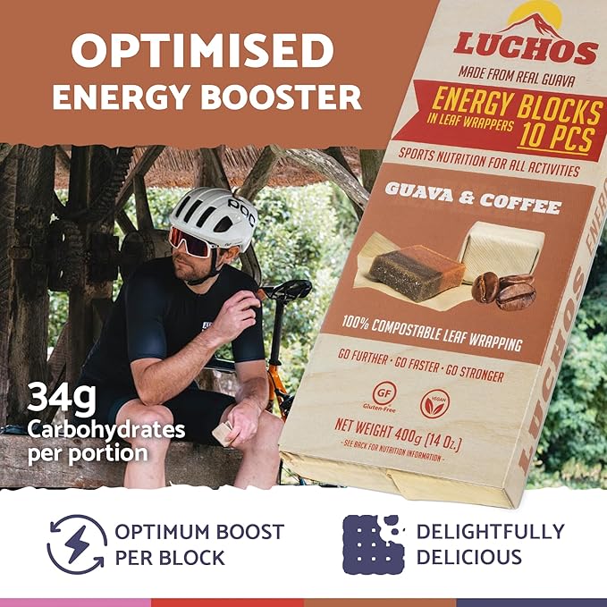 LUCHOS Natural High Energy Bars Power Blocks for Sports, Endurance, Running, Hiking, Cycling, Pre Workout Healthy Snacks, High Carb, Vegan and Gluten Free, Guava and Coffee, 10 Pieces